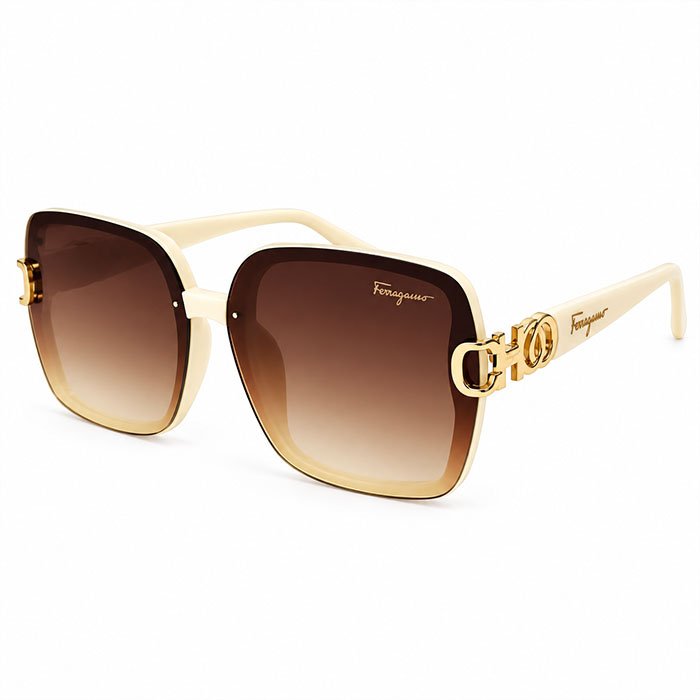 Ferragamo Luxury Women Oversized Square Sunglasses – Brown Gradient Lens & Gold Frame