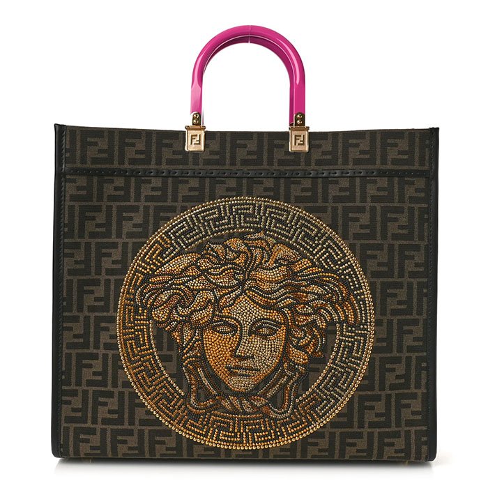 Fendi  X VERSACE Fabric Jacquard Calfskin Plexiglass Fendace FF Medusa Studded Large Fendi Sunshine Shopper Tote Marrone Fuxia