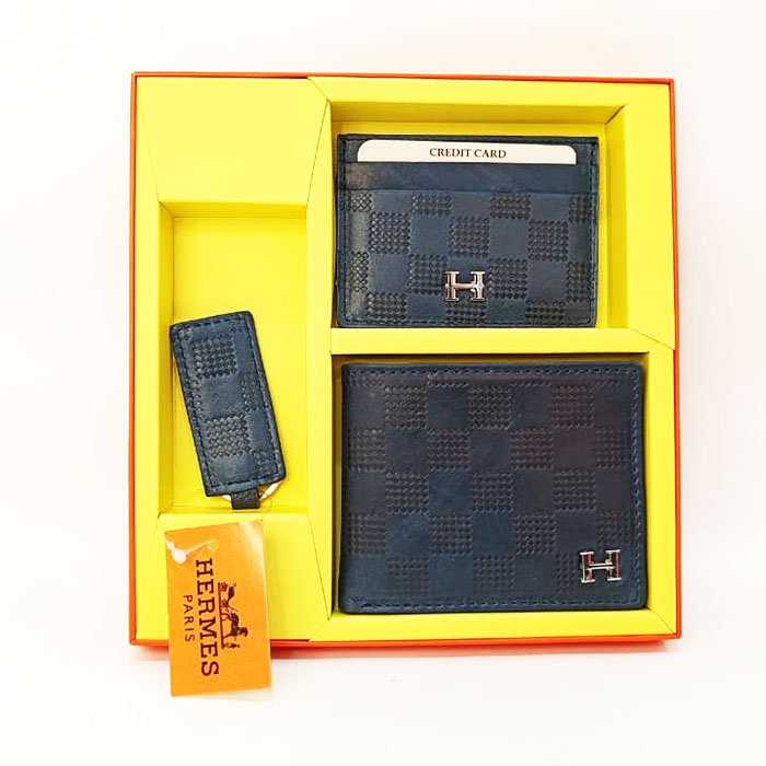HERMES Letter Design Premium Men Blue Wallet, Card Holder & Keychain Gift Set